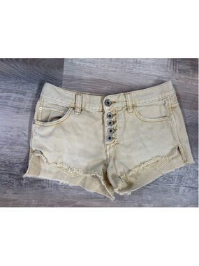 Free People Washed Light Mustard Distressed Cutoffs Button Fly Jean Shorts Sz 24